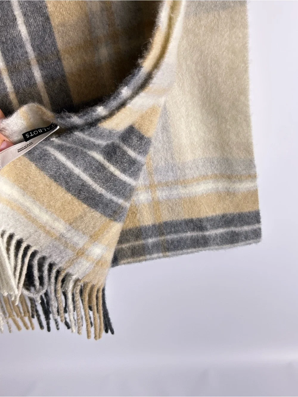 Talbots 100% Cashmere Plaid Scarf Beige Gray Blue Fringe 71”